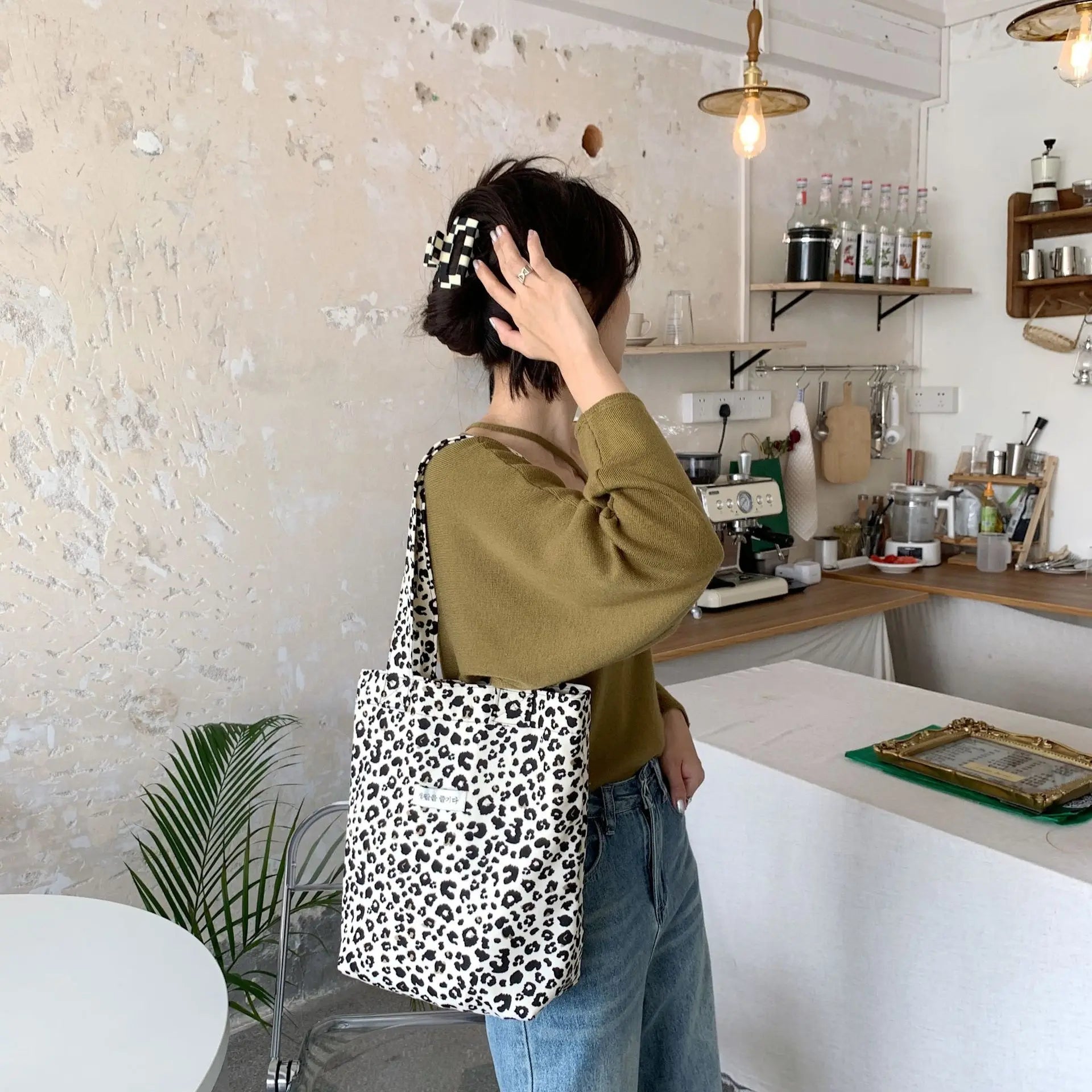 Vintage Leopard Print Canvas Shoulder Bag Large Capacity Casual Tote