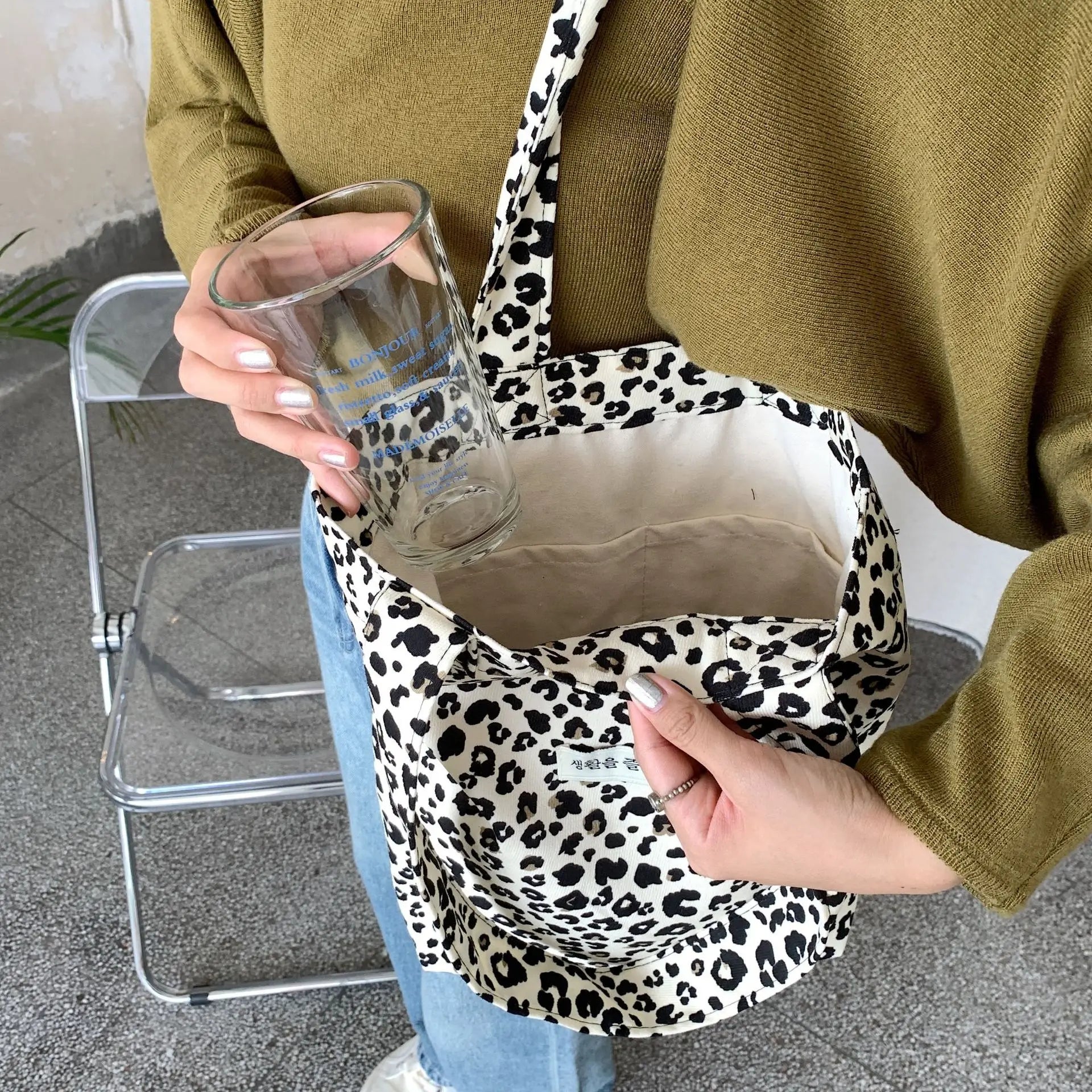 Vintage Leopard Print Canvas Shoulder Bag Large Capacity Casual Tote