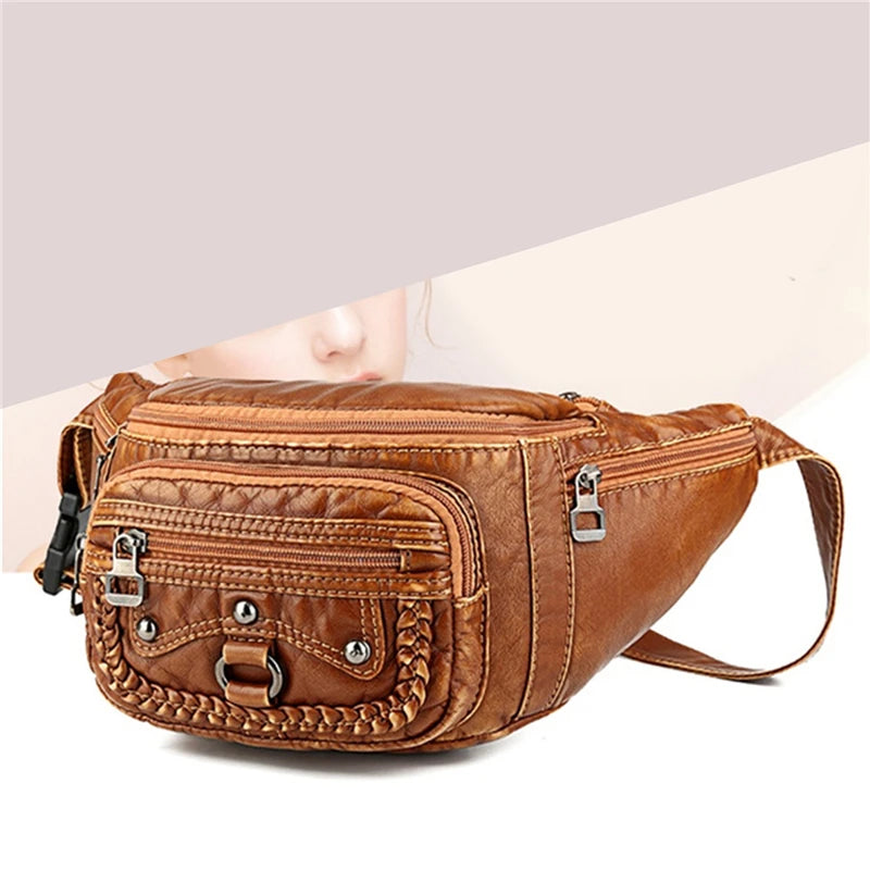 Vintage Women's Waist Bag PU Leather Zipper Ladies Shoulder Bag