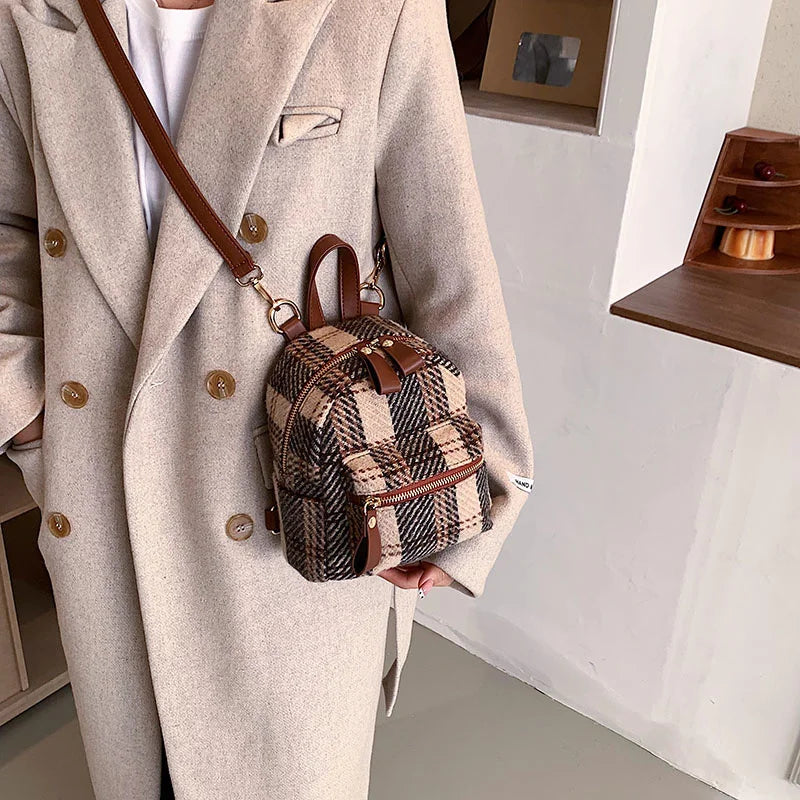 Winter Plaid Nylon Backpack Students Small Schoolbag Campus Stripe Style G