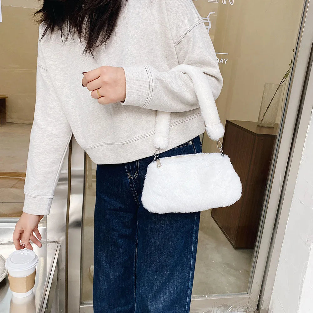 Winter Plush Shoulder Handbag Women Retro Animal Print Underarm Bag Purse