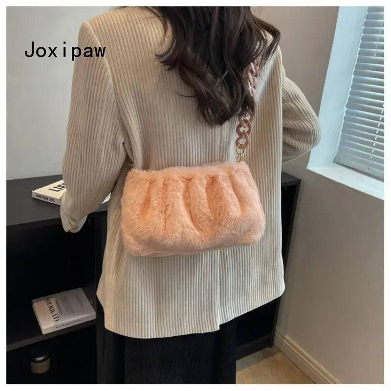 Vintage Plush Shoulder Bag Chain Tote Female Handbag