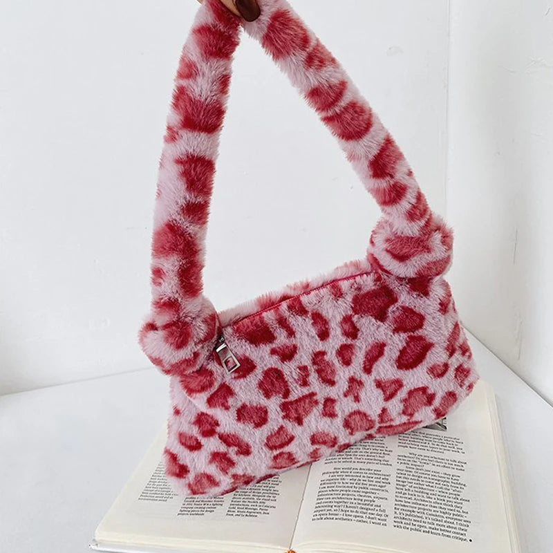 Winter Women Fluffy Shoulder Bag Solid Color/Leopard Print Handbag