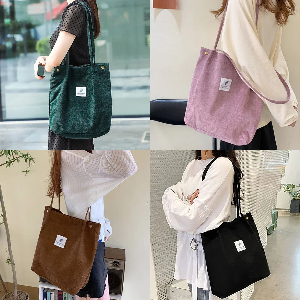 Corduroy Shoulder Bags Reusable Cotton Handbags School Shopping Eco Tote Bag