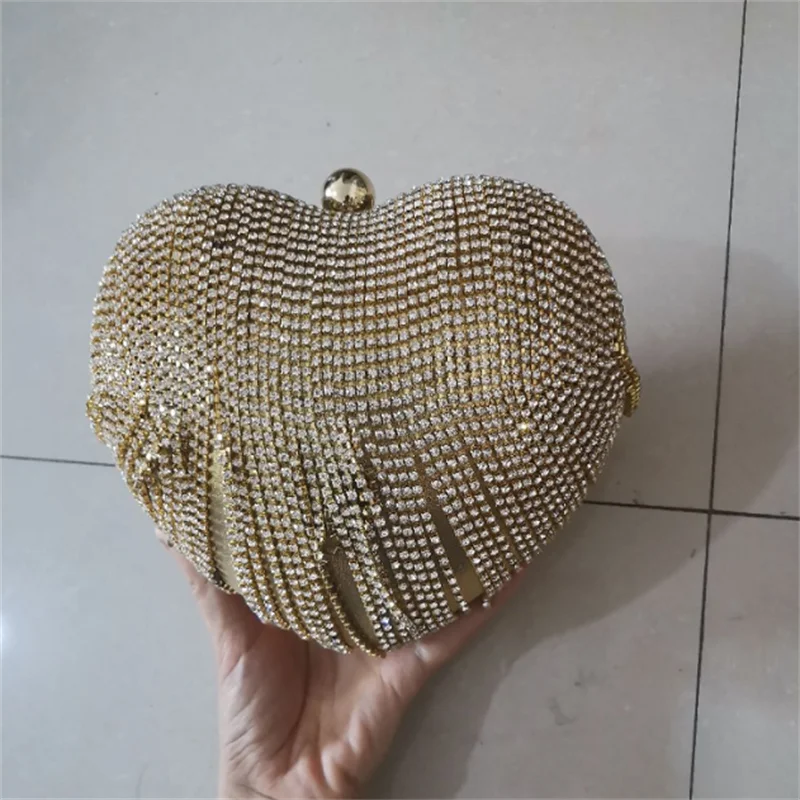 Heart-Shaped Diamond Wedding Clutch Bag with Tassel Chain
