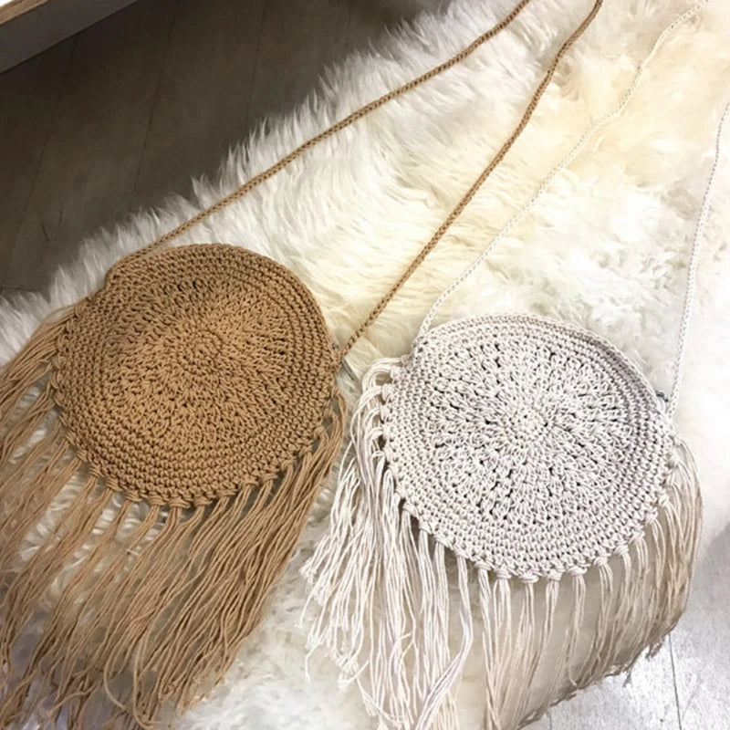 Women Round Tassel Crossbody Shoulder Bag Summer Straw Messenger Bags