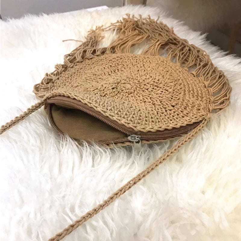 Women Round Tassel Crossbody Shoulder Bag Summer Straw Messenger Bags