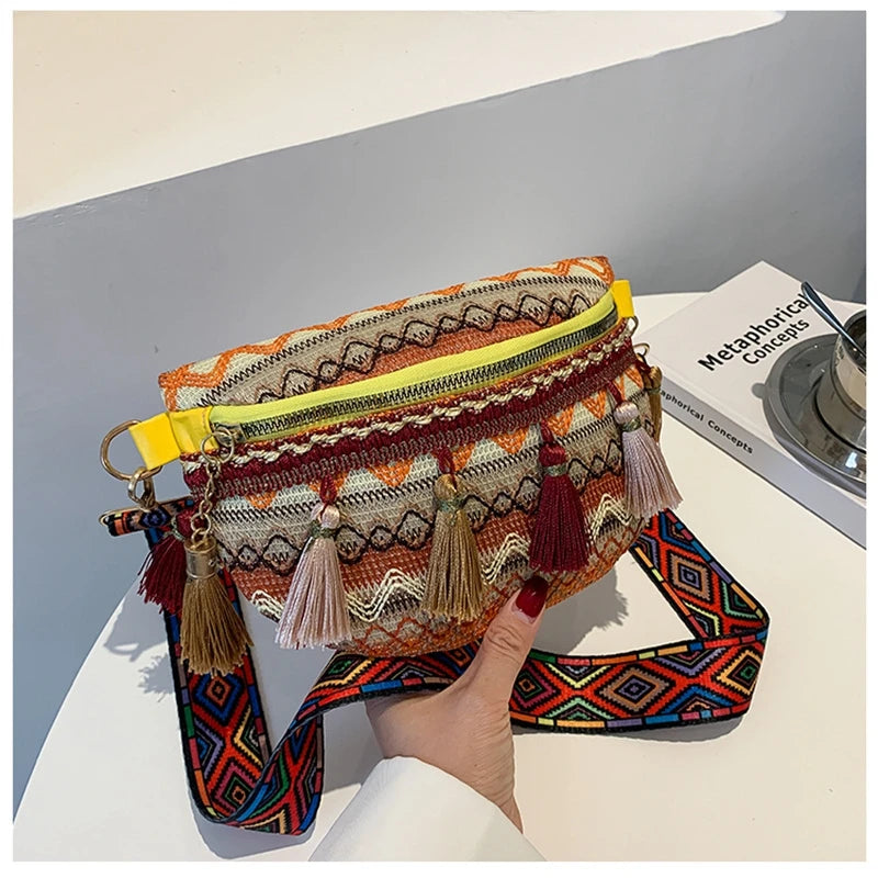 Women Waist Bags Fringed Woven Shoulder Bag Ethnic Crossbody Bag