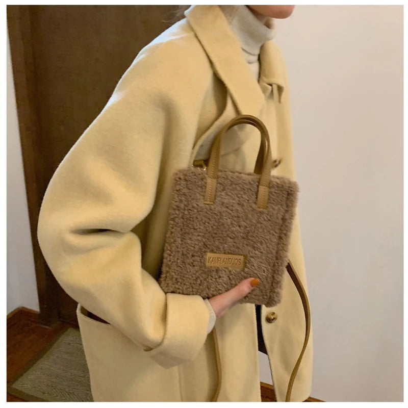Women Winter Shoulder Bag Lamb Wool Warm Soft Square Cross-body