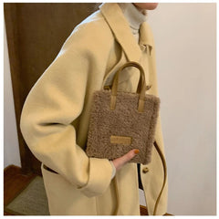 Women Winter Shoulder Bag Lamb Wool Warm Soft Square Cross-body