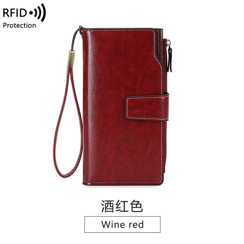 Women's RFID Anti-theft Long Wallet Oil Wax PU Leather Retro Purses