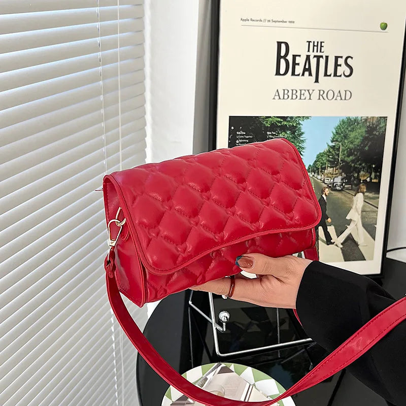 Women's Shoulder Bag Pu Leather Lingge Pattern Small Straddle Bag