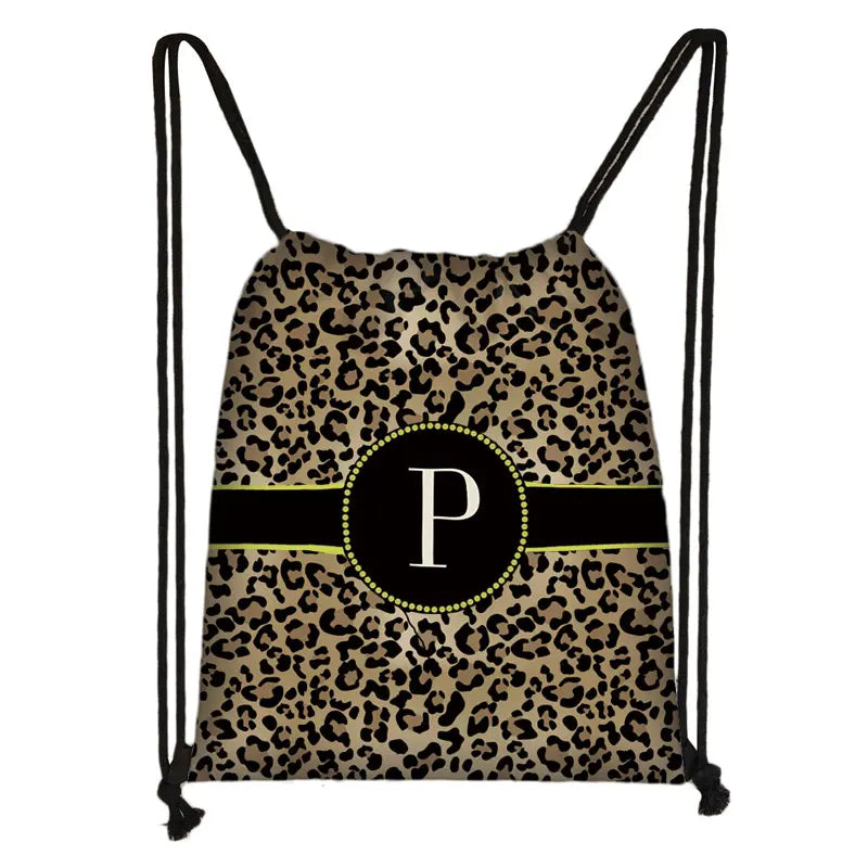 Leopard Print Backpack Drawstring Bag with Initials Letter Travel Bags
