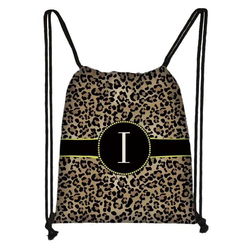 Leopard Print Backpack Drawstring Bag with Initials Letter Travel Bags