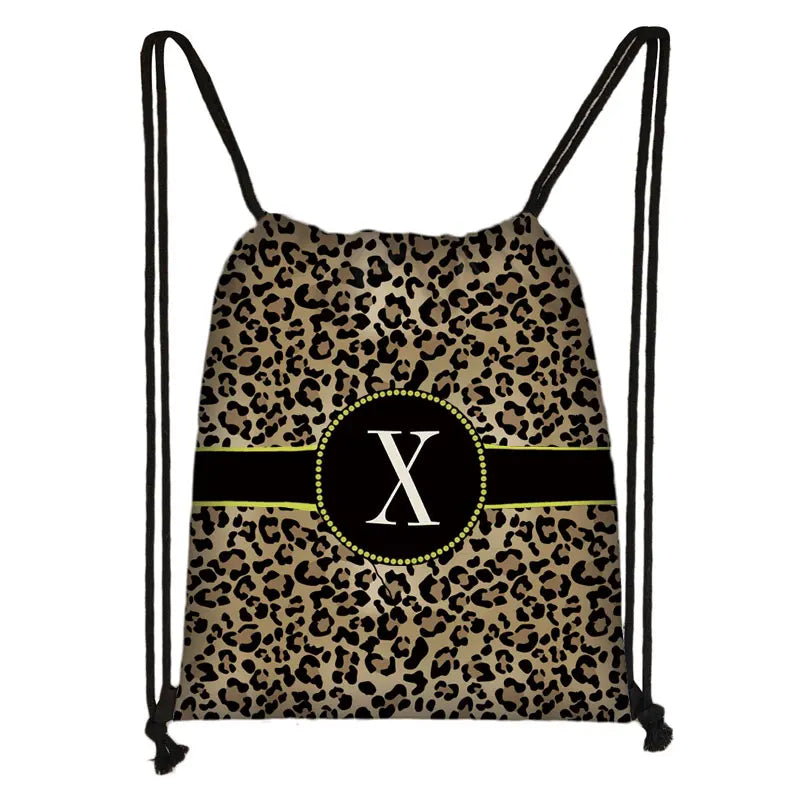 Leopard Print Backpack Drawstring Bag with Initials Letter Travel Bags