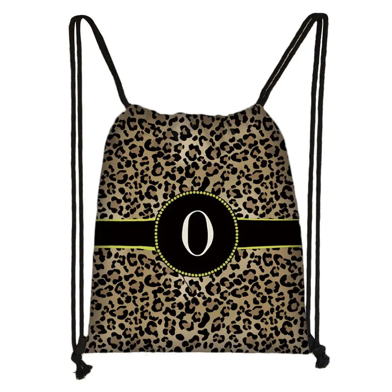 Leopard Print Backpack Drawstring Bag with Initials Letter Travel Bags