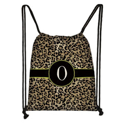 Leopard Print Backpack Drawstring Bag with Initials Letter Travel Bags