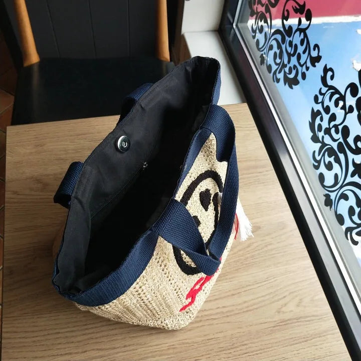 Smiley Embroidery Straw Beach Bag Tassel Handbag
