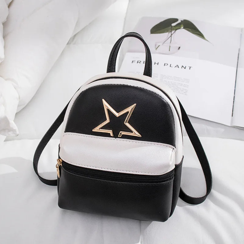 PU Female College Backpack with Star Decoration Patchwork Bag