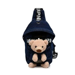 Denim Canvas Diagonal Chest Bag with Plush Doll