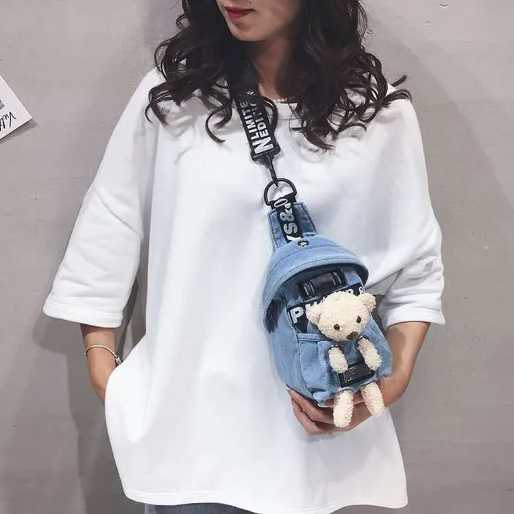 Denim Canvas Diagonal Chest Bag with Plush Doll