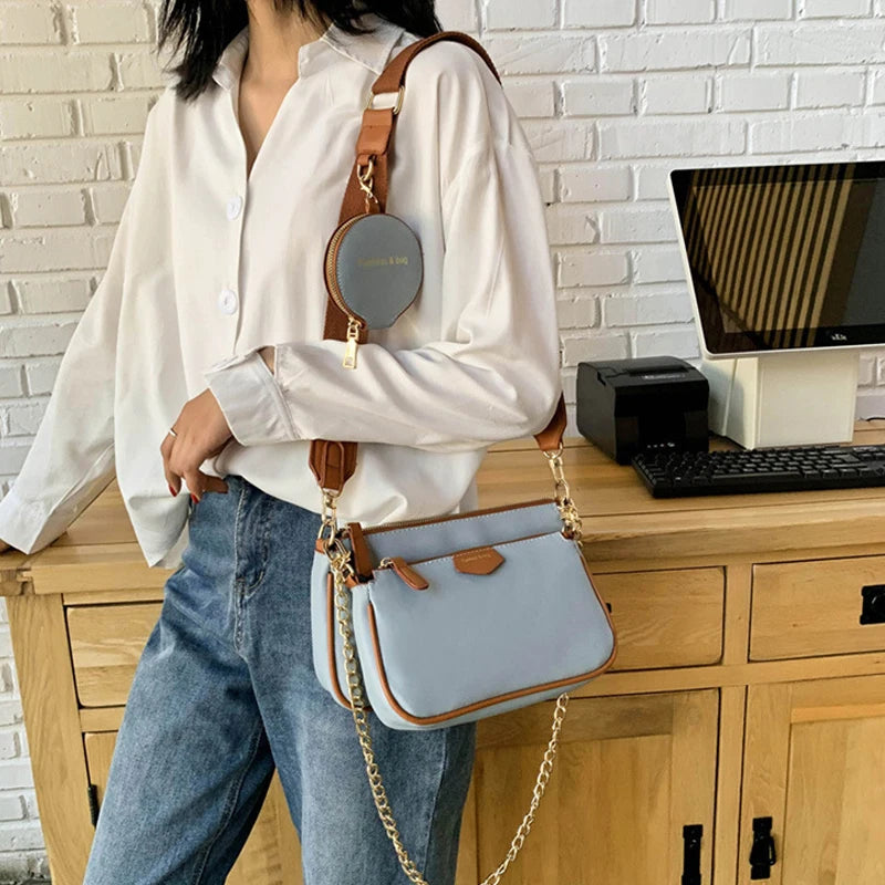 Chain Shoulder Bag with Wide Strap Wallet Set