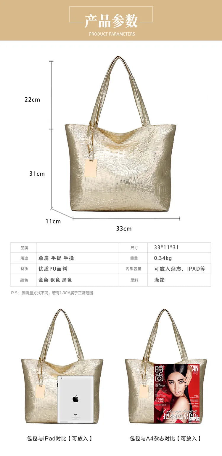 Women's Crocodile Pattern Shoulder Bag - Large Capacity Shopping Bag