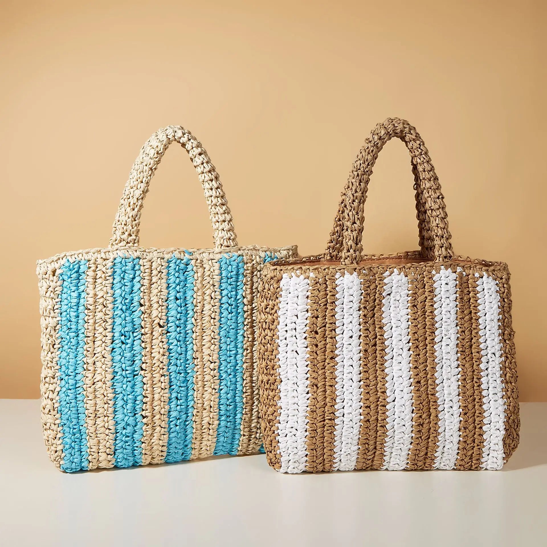 Vertical Stripe Handbag Straw Woven Bag Beach Shoulder Bag
