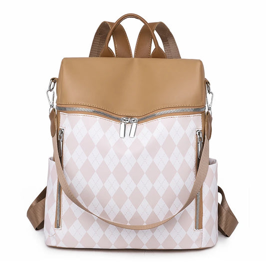Women's Rhombus Stitching Pattern Backpack - Multi-functional PU Backpack