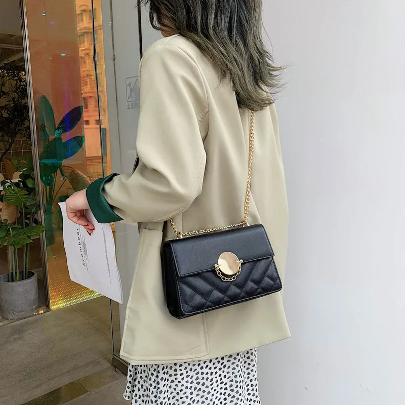 Women's PU Leather Rhombus Lock Chain Shoulder Messenger Bag
