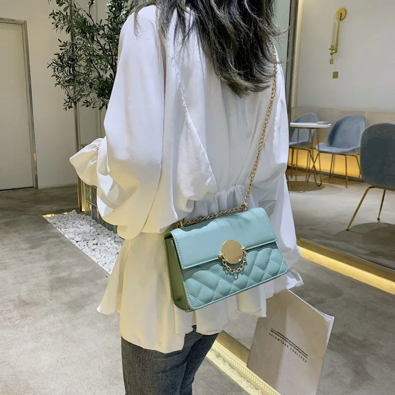 Women's PU Leather Rhombus Lock Chain Shoulder Messenger Bag