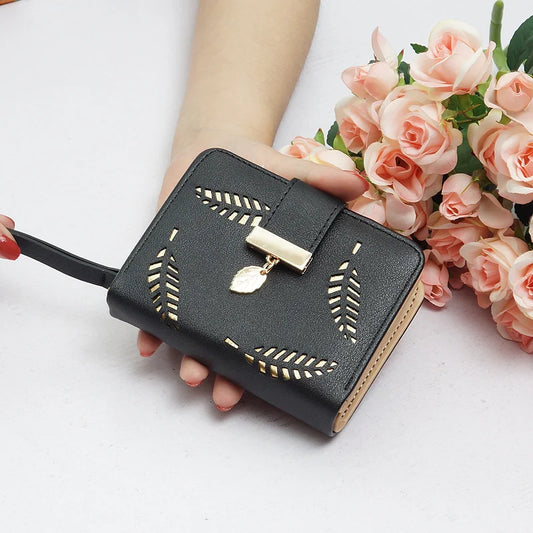Women's Short Wallet Zipper Wallet Hollowed Out Leaf Small Wallet