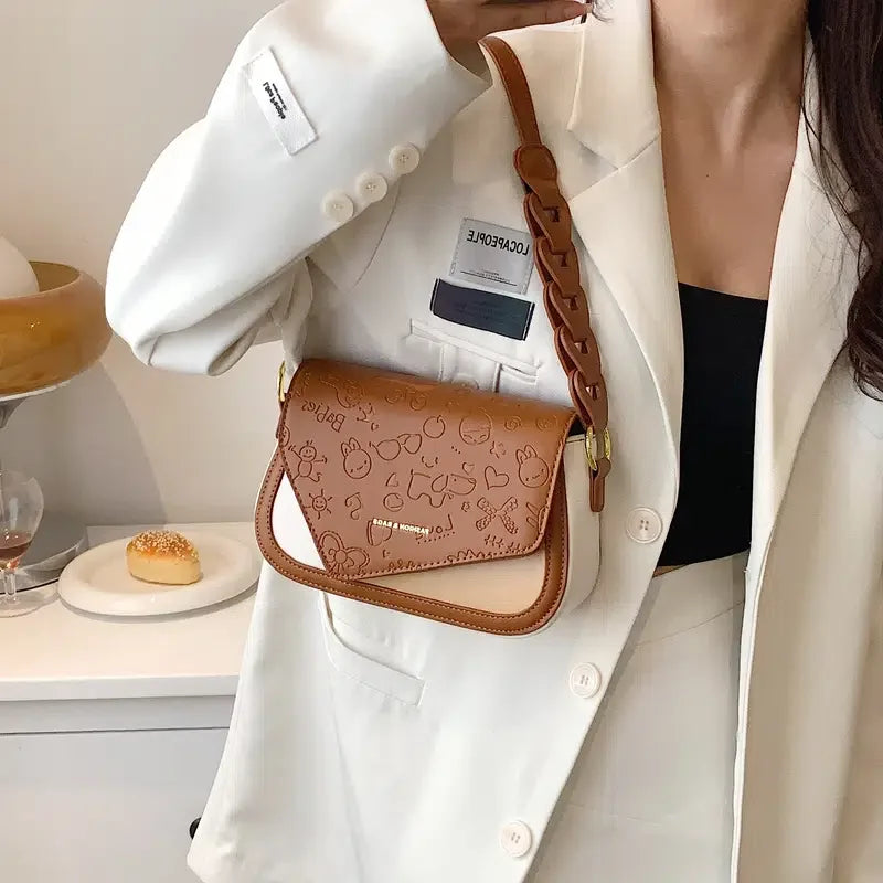 Cartoon Embossed Flap Shoulder Bag Retro Crossbody Bag
