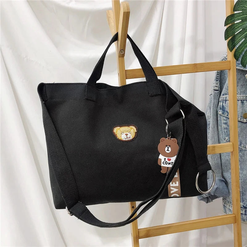 Women's Canvas Bag High Capacity Handbag Shoulder Bag Cartoon Bear Design
