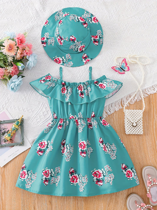 2pcs Toddler Girls Flowers Graphic Dress & Hat Set For Party Beach Vacation