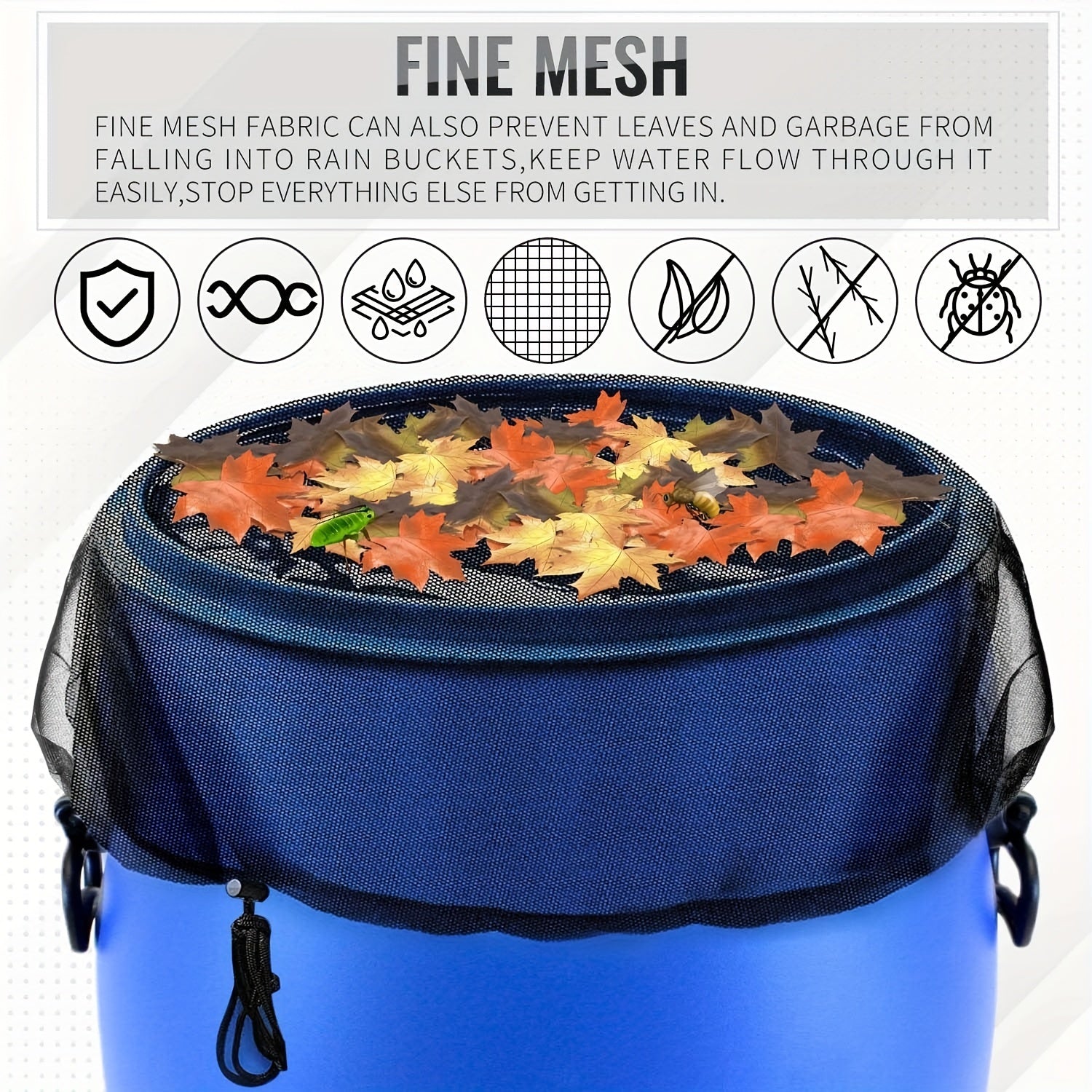 Rain Bucket Mesh Cover Water Bucket Net with Adjustable Drawstring Filter Mesh