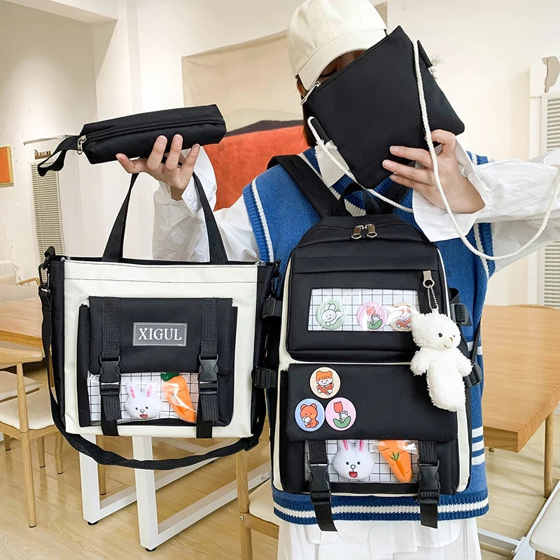 Canvas Backpack Set for Teenage Girl High School Travel Women Student