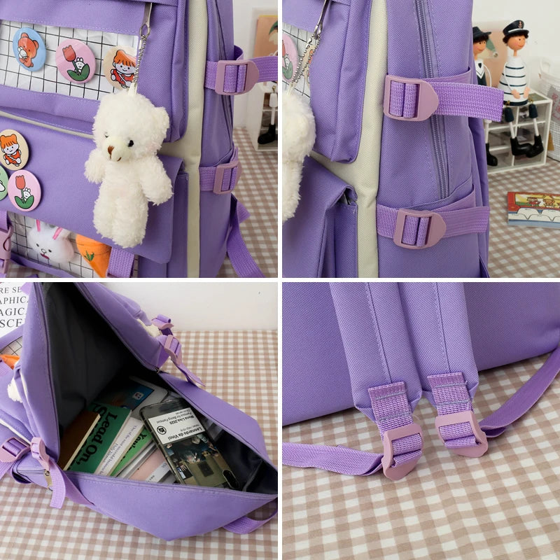 Canvas Backpack Set for Teenage Girl High School Travel Women Student