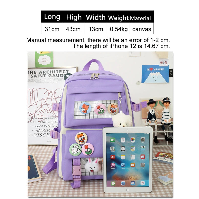 Canvas Backpack Set for Teenage Girl High School Travel Women Student