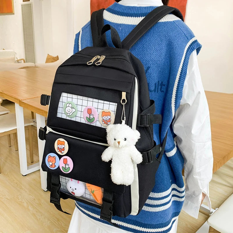 Canvas Backpack Set for Teenage Girl High School Travel Women Student