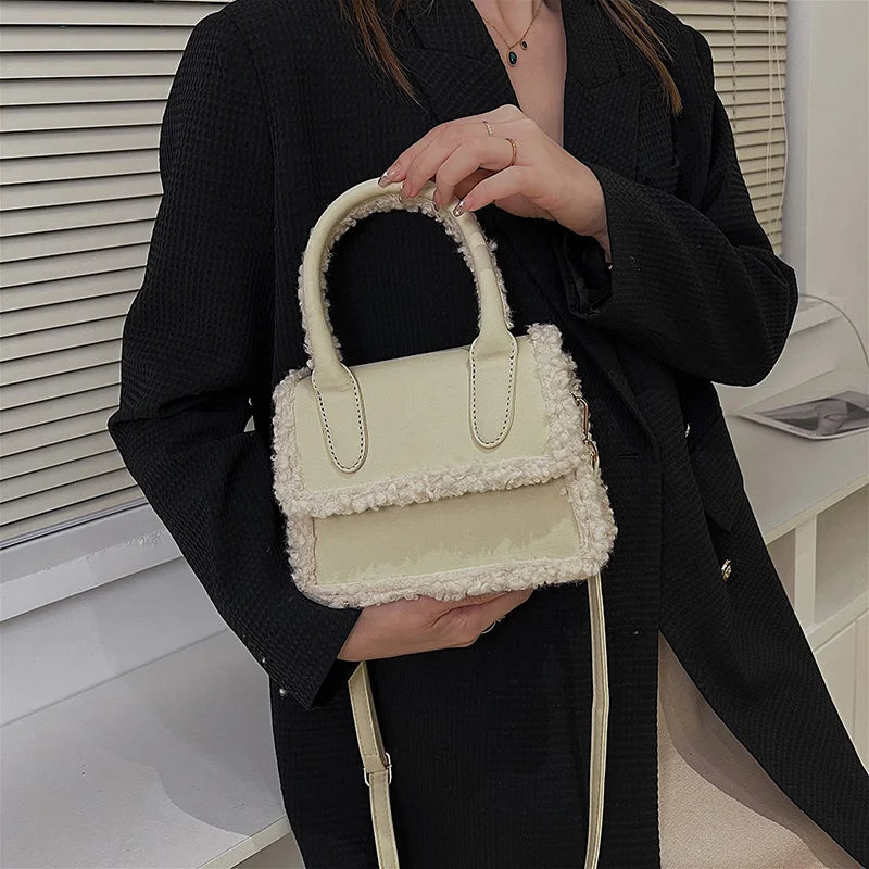 Women Scrub Leather Shoulder Bag Lambswool Crossbody Bag