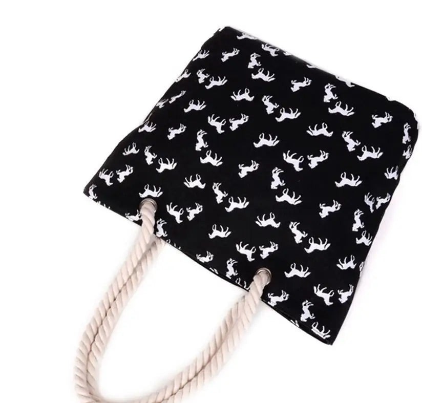 Canvas Shoulder Beach Bag Horse Print Casual Tote Fringed Shopping Bag