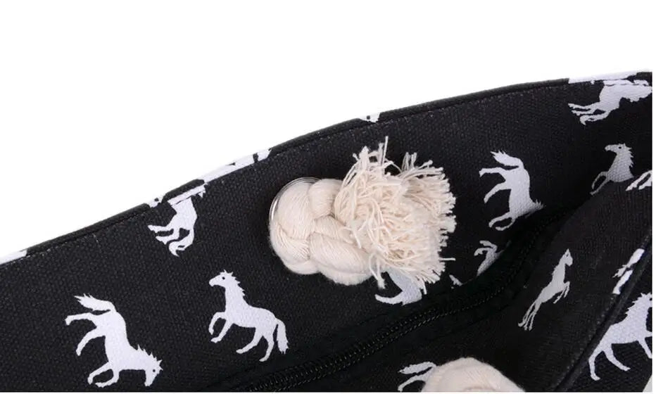 Canvas Shoulder Beach Bag Horse Print Casual Tote Fringed Shopping Bag