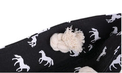 Canvas Shoulder Beach Bag Horse Print Casual Tote Fringed Shopping Bag