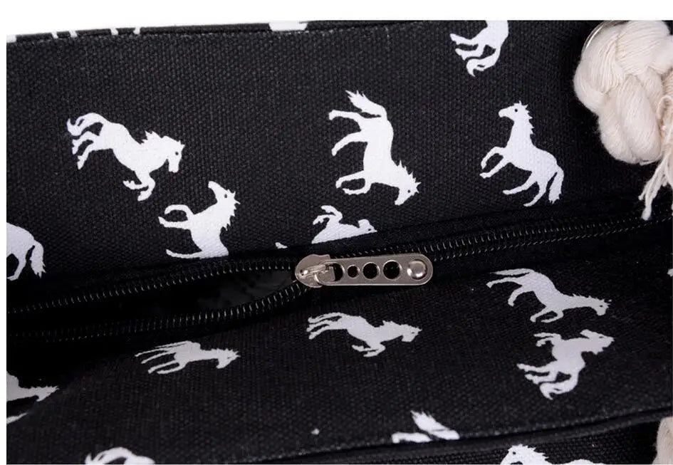 Canvas Shoulder Beach Bag Horse Print Casual Tote Fringed Shopping Bag