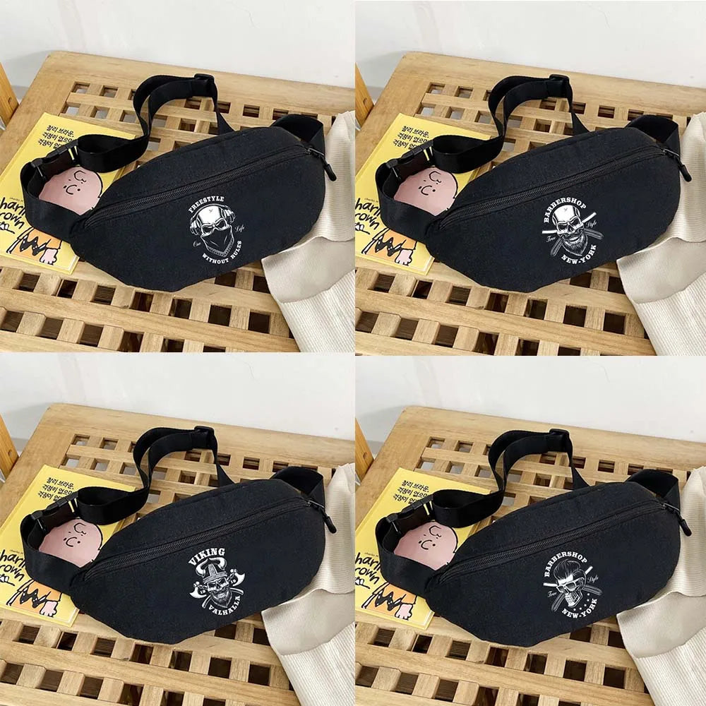Skull Print Mini Backpack Canvas Waist Pack Shoulder Sports Bag
