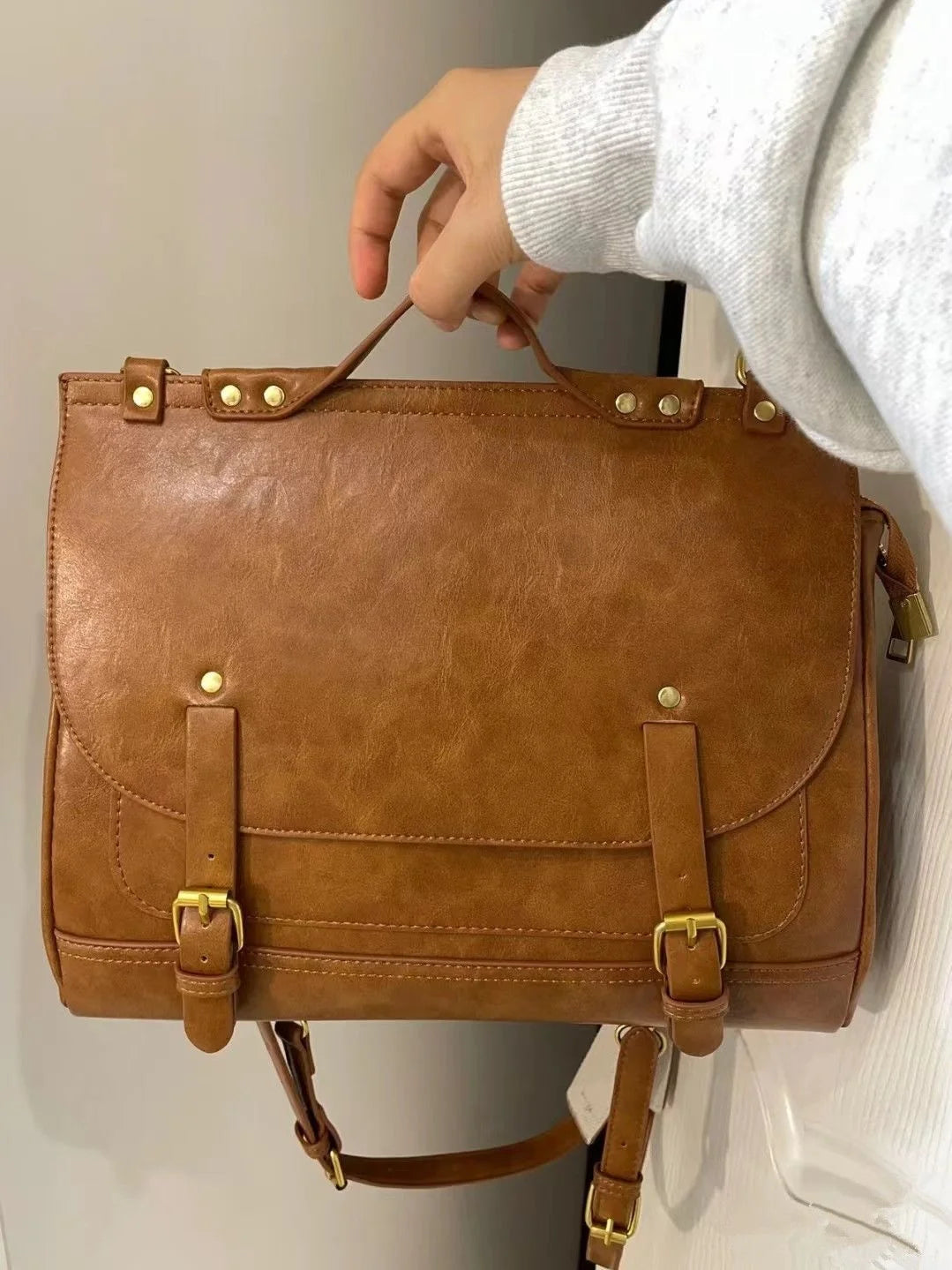 Vintage Brown Leather Shoulder Bag for Women
