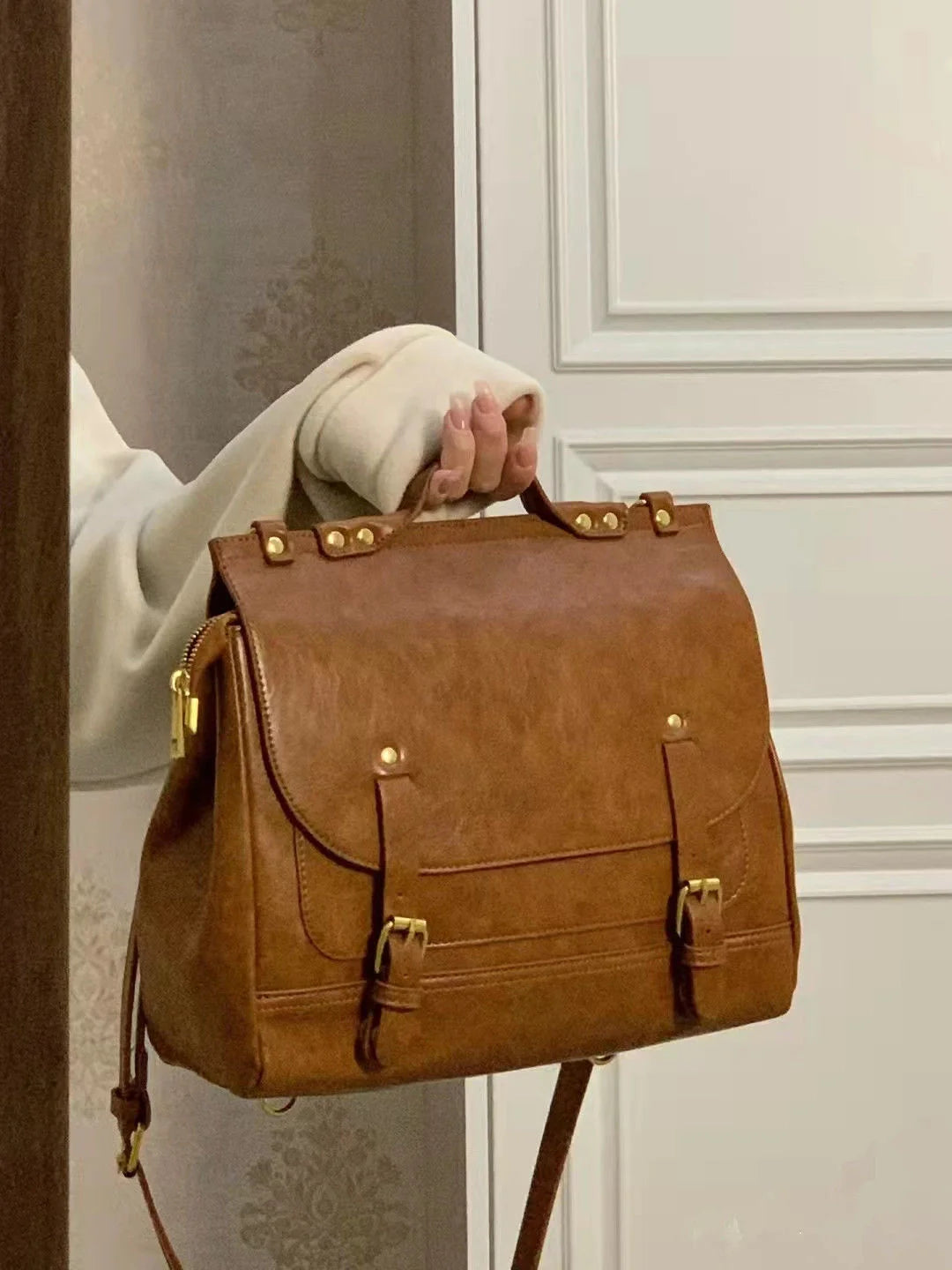Vintage Brown Leather Shoulder Bag for Women