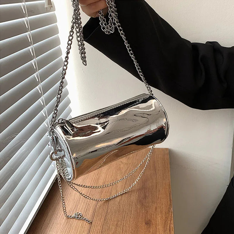 Silver Chain Lady Crossbody Bag Cylindrical Handbag Purse
