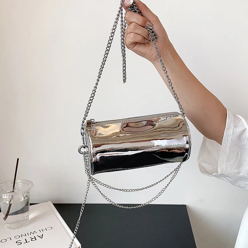 Silver Chain Lady Crossbody Bag Cylindrical Handbag Purse